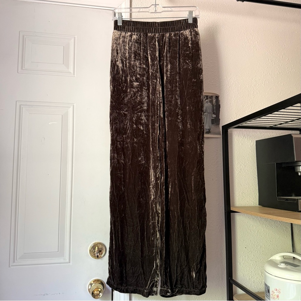 STARK X brown viscose silk velvet straight‎ leg pull on elastic waist pants